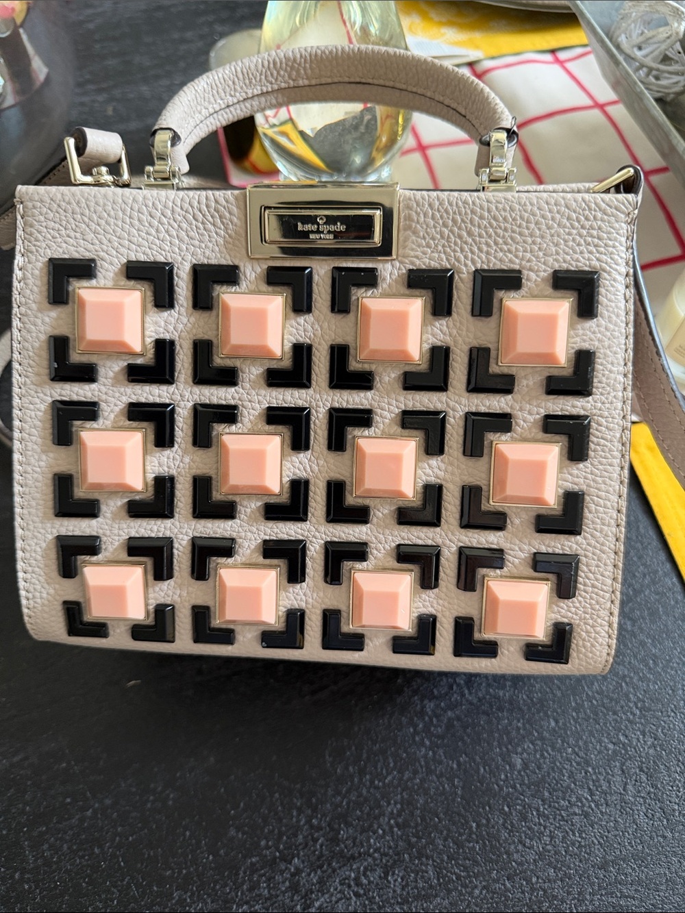 kate spade beige leather top-handle bag with pink and black geometric studs nwt